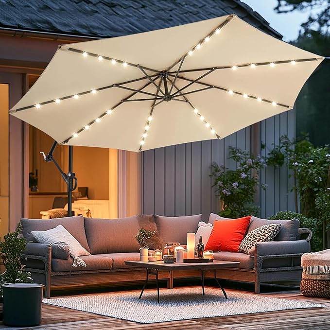 wikiwiki 10ft Solar LED Offset Patio Umbrella, Outdoor Cantilever Patio Umbrellas with Solor Lights for Backyard, Poolside and Garden, Easy Tilt Adjustment, 32 LED Lights & Polyester Shade, Beige