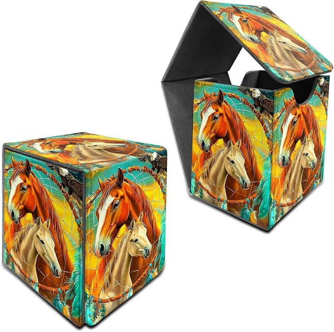 Deck Box for MTG, Cards Storage Box Fits 120+ Sleeved, Leather Medium Size Strong Magnetic Closing Card Case for Board Games Magic TCG CCG Baseball Collection, Two Horses Paving Dream Net