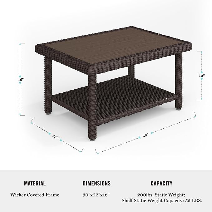 Martha Stewart Bedford Indoor-Outdoor Patio Coffee Table with Lower Shelf, Faux Wood Top, and Rattan Wicker Finish in Brown