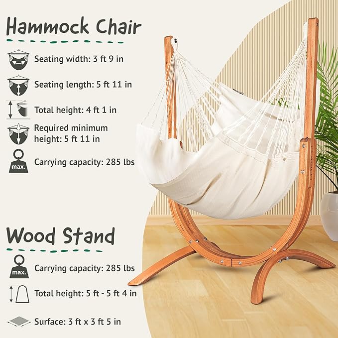 LA SIESTA - Udine Soft Organic Cotton Hammock Chair with Wooden Stand - Handmade, Tear-Resistant - FSC Certified Eucalyptus Stand - Latte