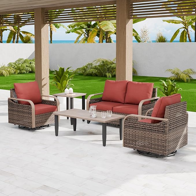 EAGLE PEAK Modern Wicker Outdoor Patio Furniture Set, Patio Conversation Set, 2 Swivel Rocking Chairs, 2-Seat Loveseat, Coffee Table and Side Table, 5 Pieces, Brown/Red