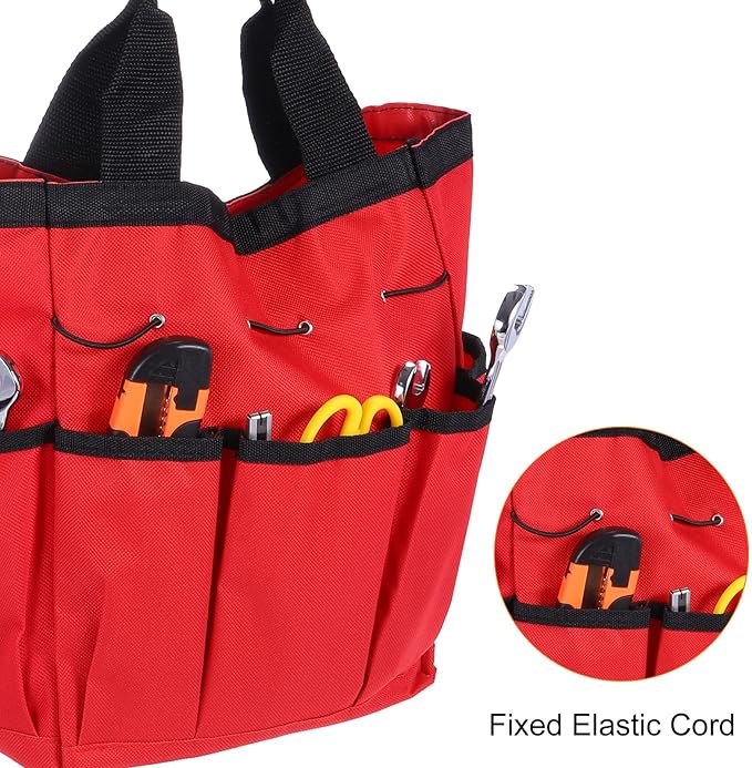HARFINGTON Garden Tool Bag 9.5" x 5.9" x 11.8" Large Oxford Cloth Bag with Pockets Garden Tote Bag Gardening Plant Tool Organizer Storage Carrier Store for Outdoor Women Men, Red