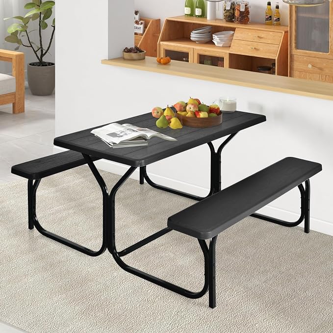 LDAILY Picnic Tables, Rectangular Picnic Table with Steel Frame, 2 Benches Set, HDPE Tabletop, Plastic Picnic Table for Outdoor, Camping, Patio, Lawn, Yard, Picnic Parties (Black)