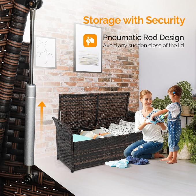 VINGLI 40 Gallon Outdoor Storage Bench with Cushion, Rattan Storage Box, Patio Wicker Deck Box with Seat for Garden | Balcony | Porch | Pool | Yard (Brown Frame + Beige Cushion)