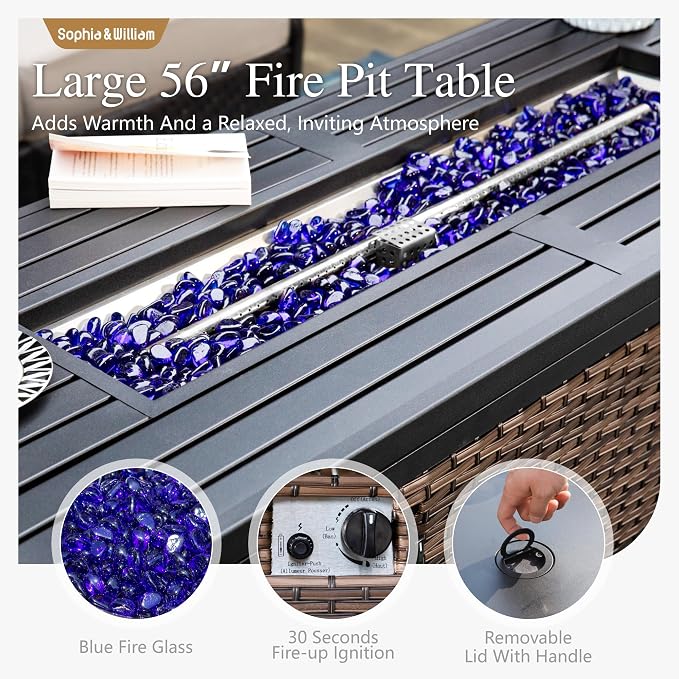 Sophia & William Patio Furniture Set with Fire Pit Table, 4PCS Metal Outdoor Conversation Set with Fire Pit Table, 2 Swivel Chairs,1 Loveseat,3-Seater Couch for Outdoor Seating,Backyard,Porch(Blue)
