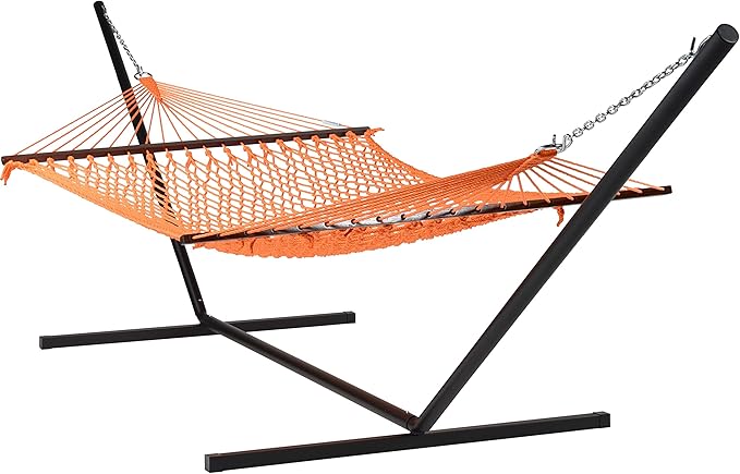 Rope Hammock and Tri Beam Stand (Orange Hammock and Black Stand)