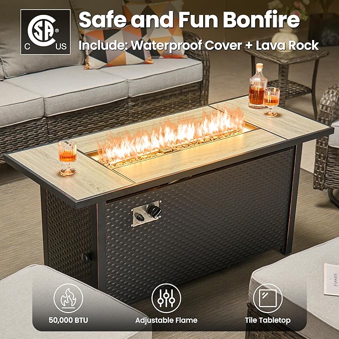 ovios 7-Piece Patio Furniture Set with Swivel Chairs Coffee Table, Outdoor Wicker Sofa with 54" Fire Pit Table, High Back Couch Modern Conversation Sets, Grey/Grey