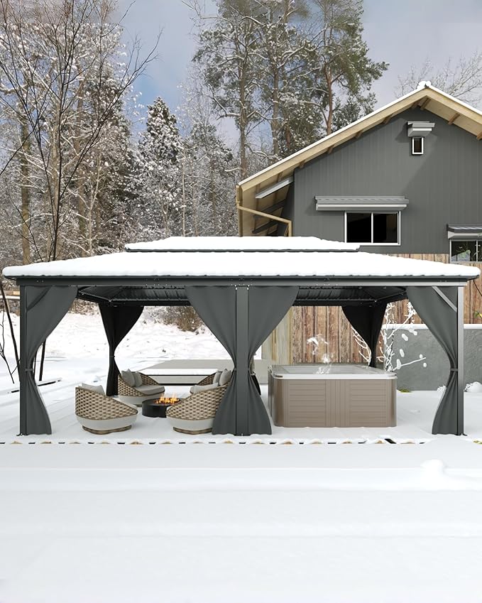 GarveeLife Hardtop Gazebo 12 ft x18 ft for All Weather, with Double Metal Roof, Net, and Curtain, Permanent Building for Patio, Deck, Backyard, Lawn, and Garden