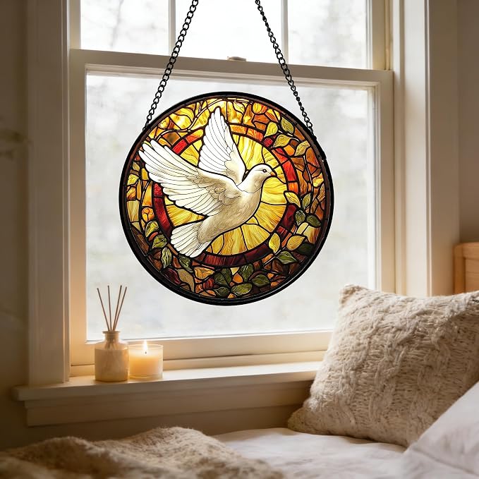 DASTOLL Stained Glass Window Hanging, Flying White Dove Sun Catchers Diamond Glass Panel Hangings Cute Birds Suncatcher Decor for Birthday for Women, Men, Wife, Aunt, and Mom 14.9 in