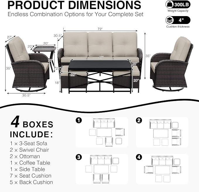 Joyside Wicker Patio Furniture Set, 7 Piece Outdoor Furniture Set with Thickened Cushions, High Back, Deep Seating, Wide Armrest, Outdoor Swivel Rocker Chairs for Porch, Deck