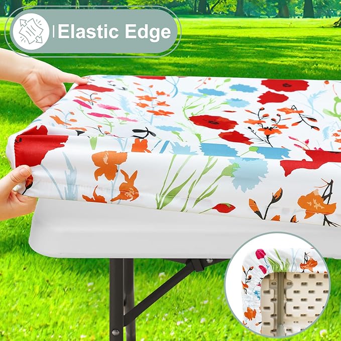 misaya Picnic Table Cover with Bench Cover, Waterproof Elastic Fitted Tablecloth for 5 Foot Tables, Rectangle Washable Polyester Fabric Tablecloths for Picnic, Camping, Outdoor (Flower, 30" x 60")