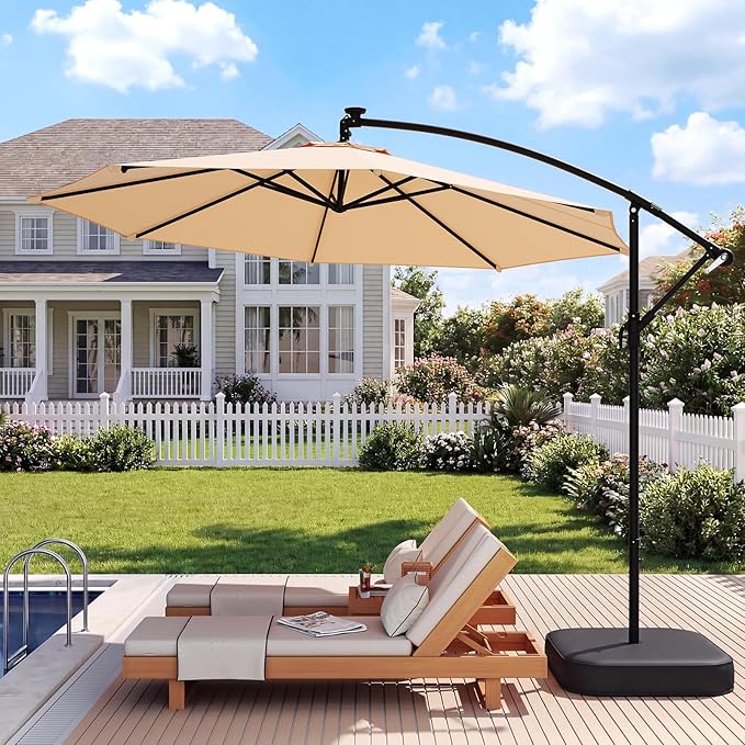 UPHYB 10FT Patio Umbrella with Base Included, Outdoor Offset Cantilever Umbrella, Infinite Tilt, Crank and Cross Base, UV Protection for Backyard, Lawn, Garden & Pool