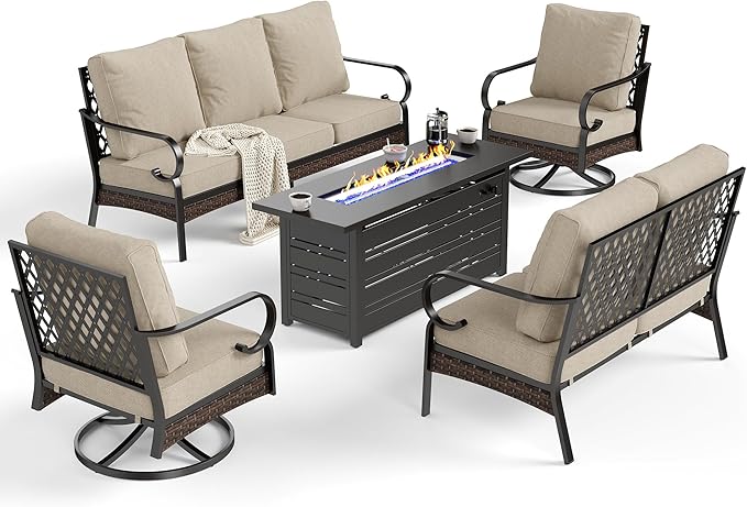 5 Piece Metal Outdoor Patio Furniture Sets with Firepit Table, Patio Conversation Sets 1 3-Seater Sofa, 1 2-Seater Loveseat, 2 Swivel Sofa with 5.75" Cushion for Backyard Deck, Beige
