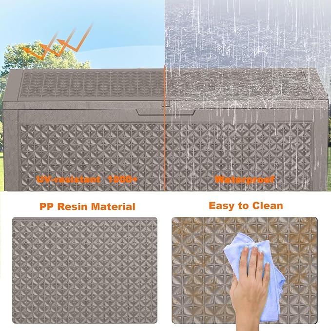 Resin Deck Box, Lockable Patio Outdoor Storage Box for Furniture, Garden Tools and Tools Storage, Waterproof Outside Storage Boxes (Patterned grey, 100 Gallon)