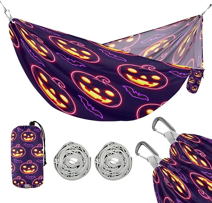 Hammocks for Outside Halloween Pumpkins Bats Camping Hammock Portable Hammocks with Tree Straps and Carry Bag Camping Accessories for Hiking Beach Outdoor