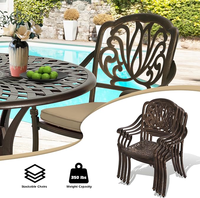 MAGIC UNION 9 Pieces Outdoor Dining Set, Cast Aluminum Retro Patio Dining Set Includes 87" Rectangular Dining Table with Umbrella Hole and 8 Stackable Dining Chairs with Cushions (Khaki)