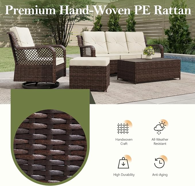 Outdoor Patio Furniture Set with Swivel Chairs and Ottoman, 6 Pieces All-Weather Wicker Patio Conversation Sets with Sofa and Coffee Table for Backyard, Porch, Balcony, Beige