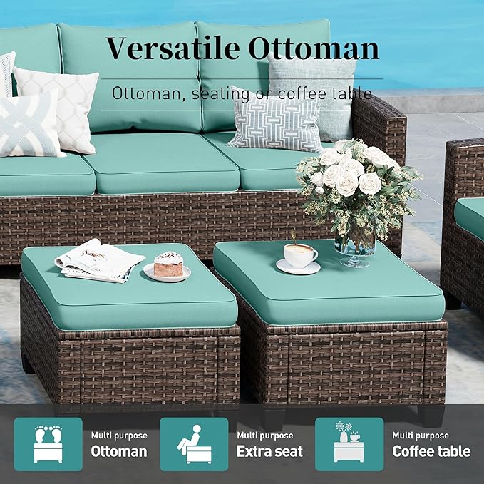 Patio Furniture Set Outdoor Furniture Brown Wicker Rattan Patio Conversation Sets with Cushion Outside Sofa Set,7 Pieces with Rectangular Firepit Table,9 Seats,Blue