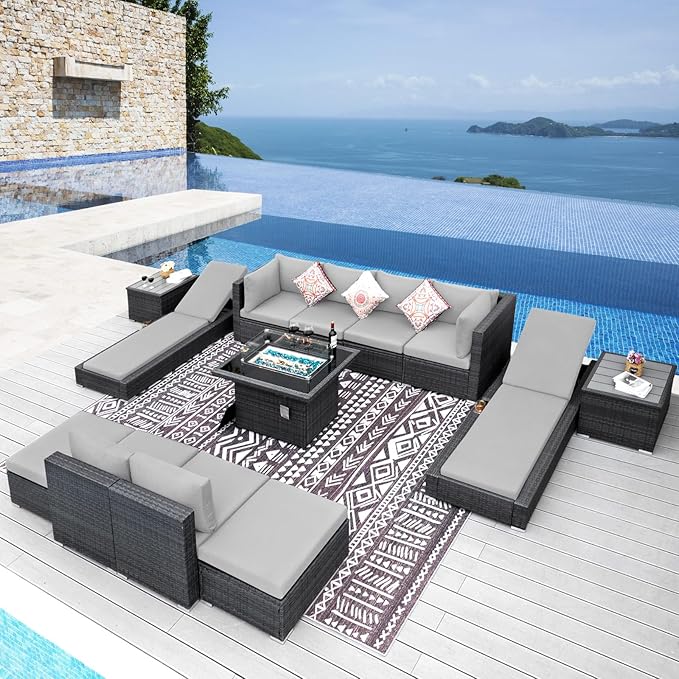 NICESOUL 13 Piece Patio Sectional w/Fire Pit, Modular Wicker Outdoor Couch w/Chaise Lounge, Large Size 29.3'' High-Back Deep Conversation Seating, All-Weather Backyard Movie Furniture, Light Grey