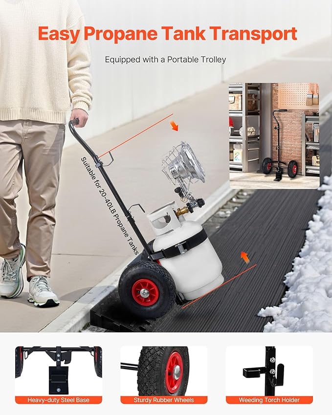 VEVOR Propane Tank Top Heater with Portable Trolley, 15000 BTU Rapid Heating 180-Degree Infrared Radiant Tank Top Gas Heater for 20-40lb Propane Tanks, for Ice Fishing/Hunting/Outdoor Single Burner