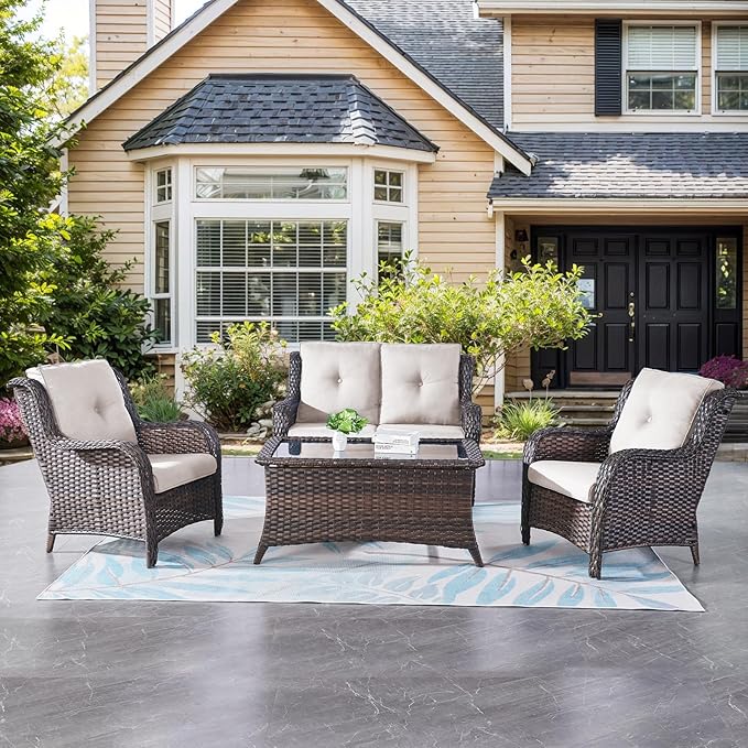 Belord Wicker Furniture 4 Pieces Outdoor Patio Furniture Set Patio Loveseat Sofa Set with Wicker Chairs and Coffee Table, Paito Conversation Set for Porch Garden Deck Balcony Poolside