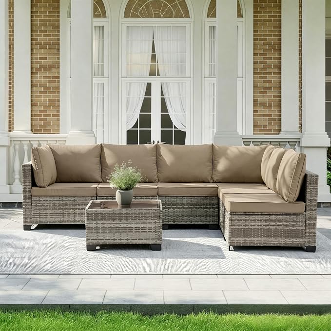 MOCHITO 7 Pcs Outdoor Patio Furniture Sets Grey Rattan Khaki Cushions | All-Weather Sectional Sofa, with Glass Table, PE Rattan Wicker Patio Furniture , Washable Cushions, for Balcony Porch Garden