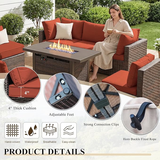 Patio Furniture Set with Fire Pit Table 5 Piece All Weather PE Rattan Outdoor Sectional Sofa Couch with 4 x arm Sofa, No-Slip Cushions for Garden, Poolside, Backyard (Red)
