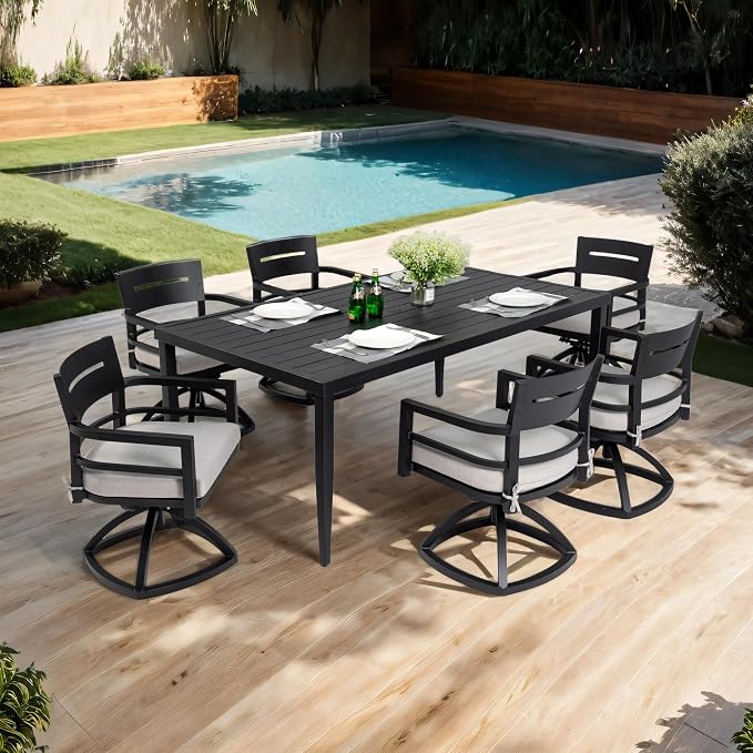7-Piece Outdoor Patio Aluminum Furniture, Modern Dining Set, Including 4 Dining Chairs & 2 Swivel Rockers and Rectangle Dining Table with Umbrella Hole, Ember Black