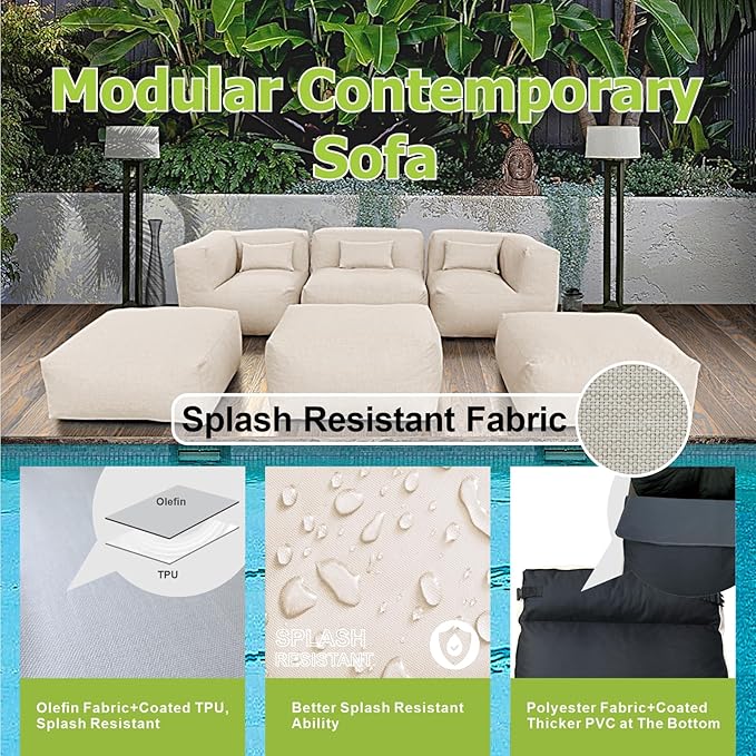 Patio Furniture Set Bean Bag Chairs PortoCervo 6PC Outdoor Chairs Sectional Conversation Patio Set Daybed Furniture Outdoor Sofa Couch High Density Foam Filling Modern Comfy Patio Couch (Light Beige)