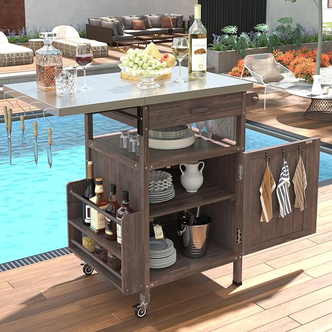 Outdoor Grill Cart with Stainless Steel Top, Solid Wood Outdoor Storage Cabinet with Drop Leaf, One Drawer, Towel Rack, Rolling Kitchen Cart with Lockable Wheels for Lawn Garden (Brown@072)