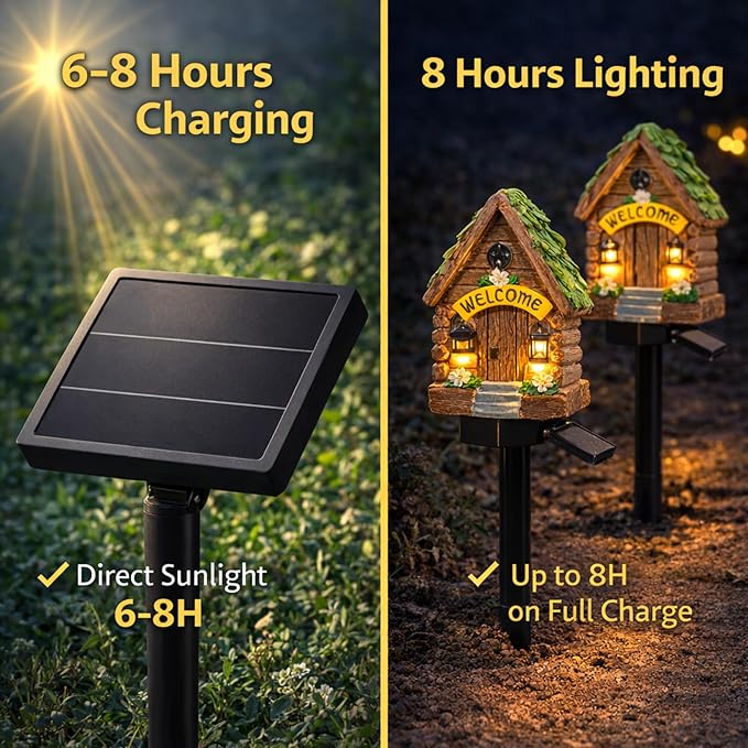 Solar Garden Lights Outdoor, 2 Pack Decorative Solar Fairy House Pathway Lights Waterproof, Resin Garden Lights for Yard Lawn Patio Decor