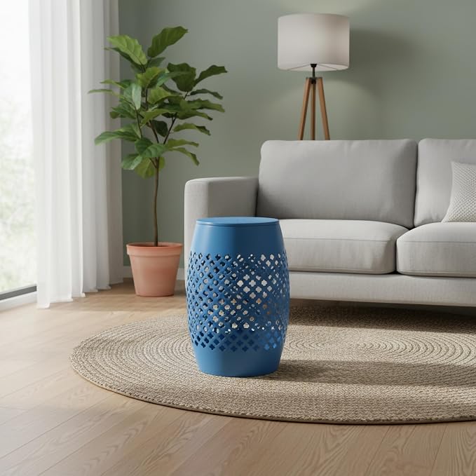 AC Pacific Outdoor Indoor Lace-Cut Iron Drum Side Table, Powder-Coated, Unique and Versatile Metal Pedestal Stand, Modern Contemporary Accent Piece, Blue