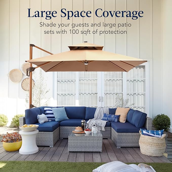 Best Choice Products 10ft Square Cantilever Patio Umbrella w/Base Included, Woodgrain Pattern Pole & Solar LED Lights, 360-Rotation, Offset Hanging Outdoor Shade