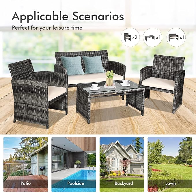 Outdoor Conversation Set, 8 Pieces Wicker Patio Furniture Set with Ergonomic Curved Design, Patio Chair Set with Water-Resistant Cushion & Tempered Glass Table for Backyard, Porch(Beige)