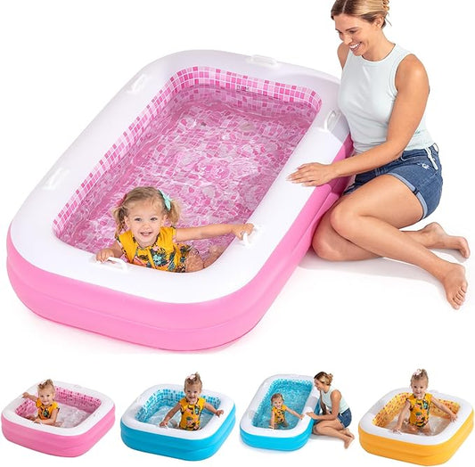 3-in-1 Premium Inflatable Kiddie Pool, Ball Pit & Tanning Pool, Soft Cushioned Floor, Handles, Drain, Shallow Rectangular Blow Up Swimming Pool for Kids, Small Backyard Tanning Pool - 65"x39"x10"