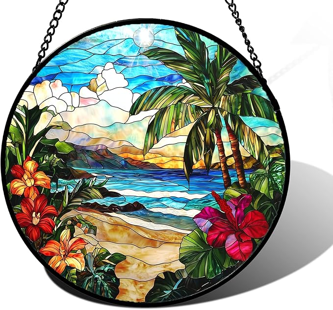 DASTOLL Stained Glass Window Hanging, Blue Beach Scenery Suncatcher Diamond Glass Panel Hangings Sun Catchers Decor for Birthday for Women, Men, Wife, Aunt, and Mom 9.8 in