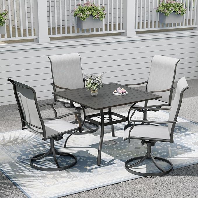 Outdoor Patio Furniture Set, 4 Piece Swivel Patio Chairs and 35" x 35" x 28" Steel Dining Table Set with 1.6" Umbrella Hole, Suitable for All-Weather