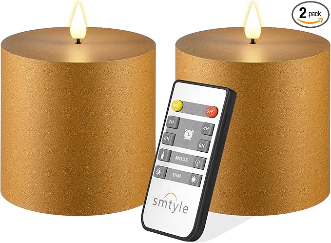 Smtye 4x4 Inch Gold Textured Flameless LED Candles Set of 2, Plastic Sand Finish Battery Operated Flickering Pillar Candles with Timer, Realistic Warm Glow for Home, Weddings, and Holiday Decor
