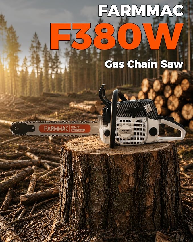 F380W Gas Chainsaw with 24 Inch Alloy Solid Bar, 72cc 2-Cycle Gasoline Power Chain Saws, 3.6KW 4.8HP for Professional Logging Work, Power Chain Saw All Parts Compatible with MS381 MS380 038