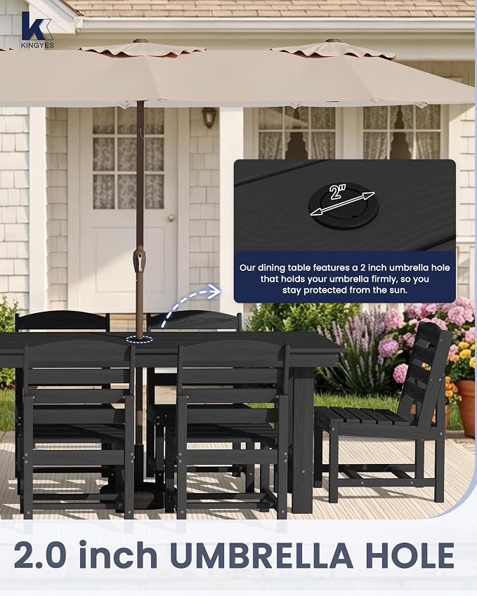 KINGYES 7-Piece Patio Dining Set, HDPE Table and Armless Chairs Outdoor Furniture Set with Umbrella Hole, Black