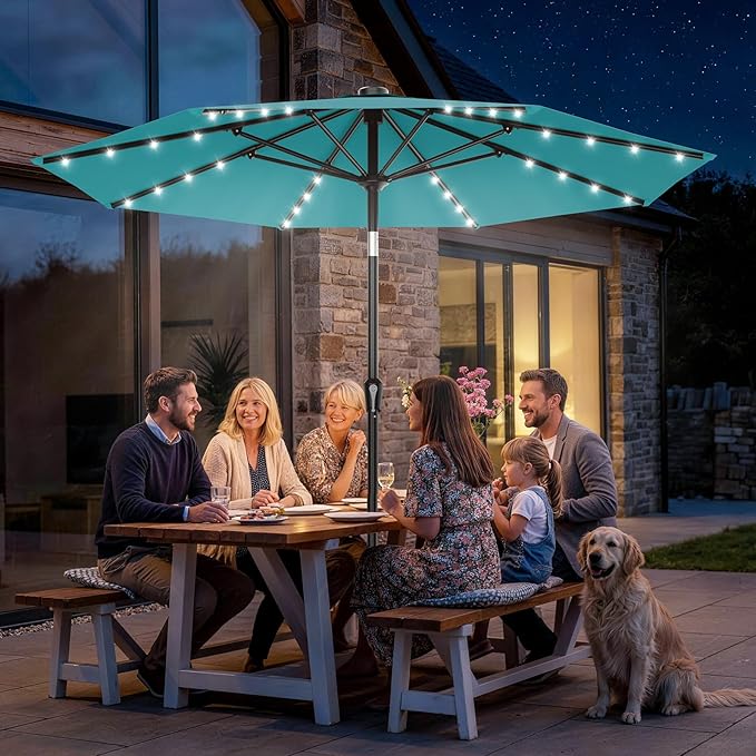 AreShark 9FT Patio Umbrella with Solar Lights, 32 Lighted Pool Umbrella w/Tilt and Crank, Outdoor Market Solar Umbrellas for Garden, Deck, Backyard, Pool and Beach, Lake Blue