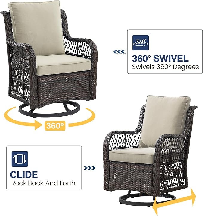 GarveeHome 3 Piece Outdoor Patio Set, Wicker Rocking Bistro Set with 2 Swivel Chairs & Tempered Glass Top Table, Rattan Outdoor Furniture with Cushions for Patio Porch Backyard