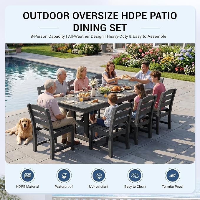 KINGYES 8-Seat Outdoor Patio Dining Set,84 inch HDPE Rectangular Table and Chairs Set，Waterproof Furniture Set with Umbrella Hole for Backyard,Grey