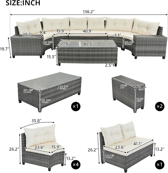 LUMISOL 8 Piece Half Moon Curved Wicker Patio Furniture Set, All Weather Outdoor Conversation Sofa Set with Coffee Side Tables, Garden Backyard Porch Decor, Beige