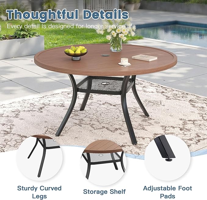 DIFY Outdoor Dining Set for 6, Patio Dining Furniture Set Includes 47.2" Walnut Round Table with Adjustable Umbrella Hole and 6 Brown Stackable Metal Chairs for Poolside, Garden, Backyard