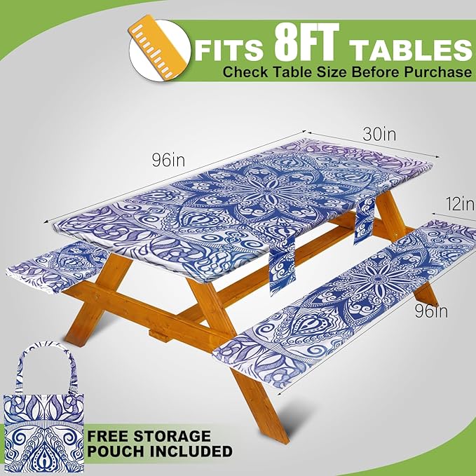 Picnic Table Cover with Bench Covers Vinyl Elastic Edges Fitted Rectangle Seat Tables Waterproof 3-Piece96X30in Set Outdoor Rectangular Folding Backing Tablecloth for Camping Over Size