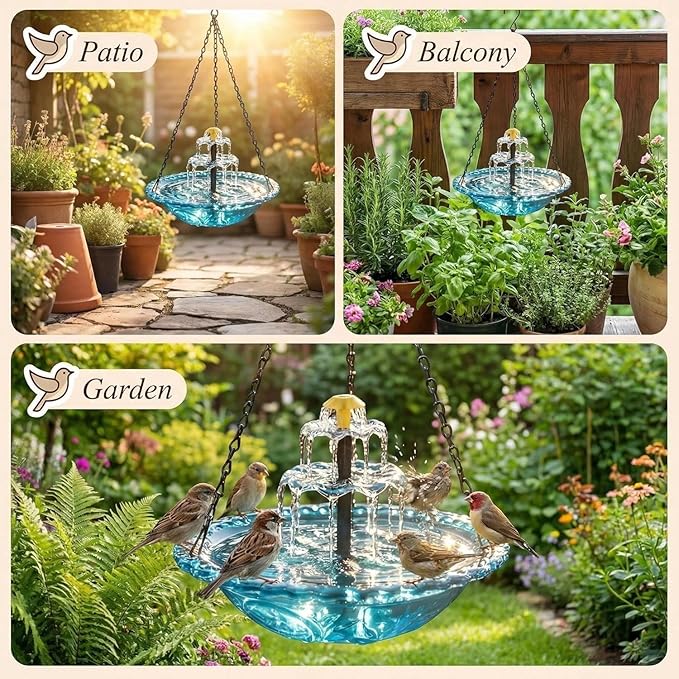 Solar Cascade Hanging Bird Bath Fountain - Solar Powered Birdbath Water Fountain Pumps Dispenser Outdoors Decor, Hanging Hummingbird Bird Shower Bath Kit with Flowing Water (Single - Purple)