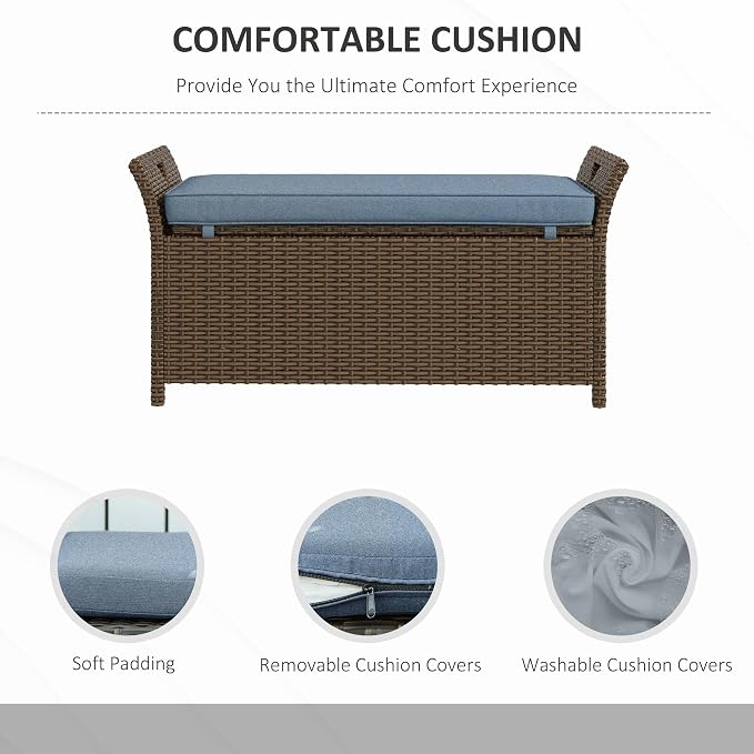 Outdoor Rattan Wicker Storage Bench with Cushion, Patio Storage Deck Box for Outdoor Furniture Cushions, Garden Tools (Dark Blue)