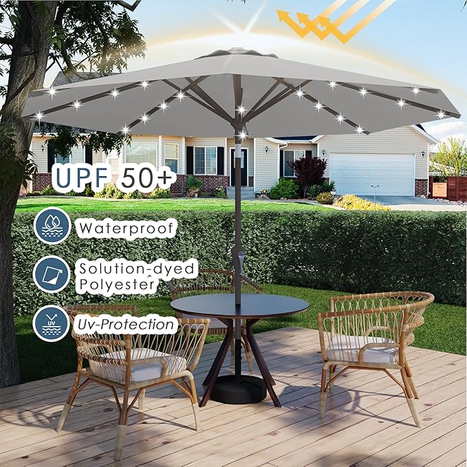 9FT Patio Umbrella with Solar Lights,Outdoor Market Umbrella with Tilt and Crank, LED Lighted Table Umbrella for Garden,Deck,Backyard,Pool,Beach (Light Gray)