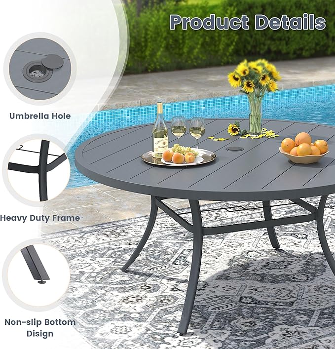 VICLLAX 11 Pieces Patio Outdoor Dining Set, 63" Round Metal Table with Umbrella Hole and 10 Stackable Textilene Chairs for Patio, Lawn, Garden, Porch, Dark Grey/Grey